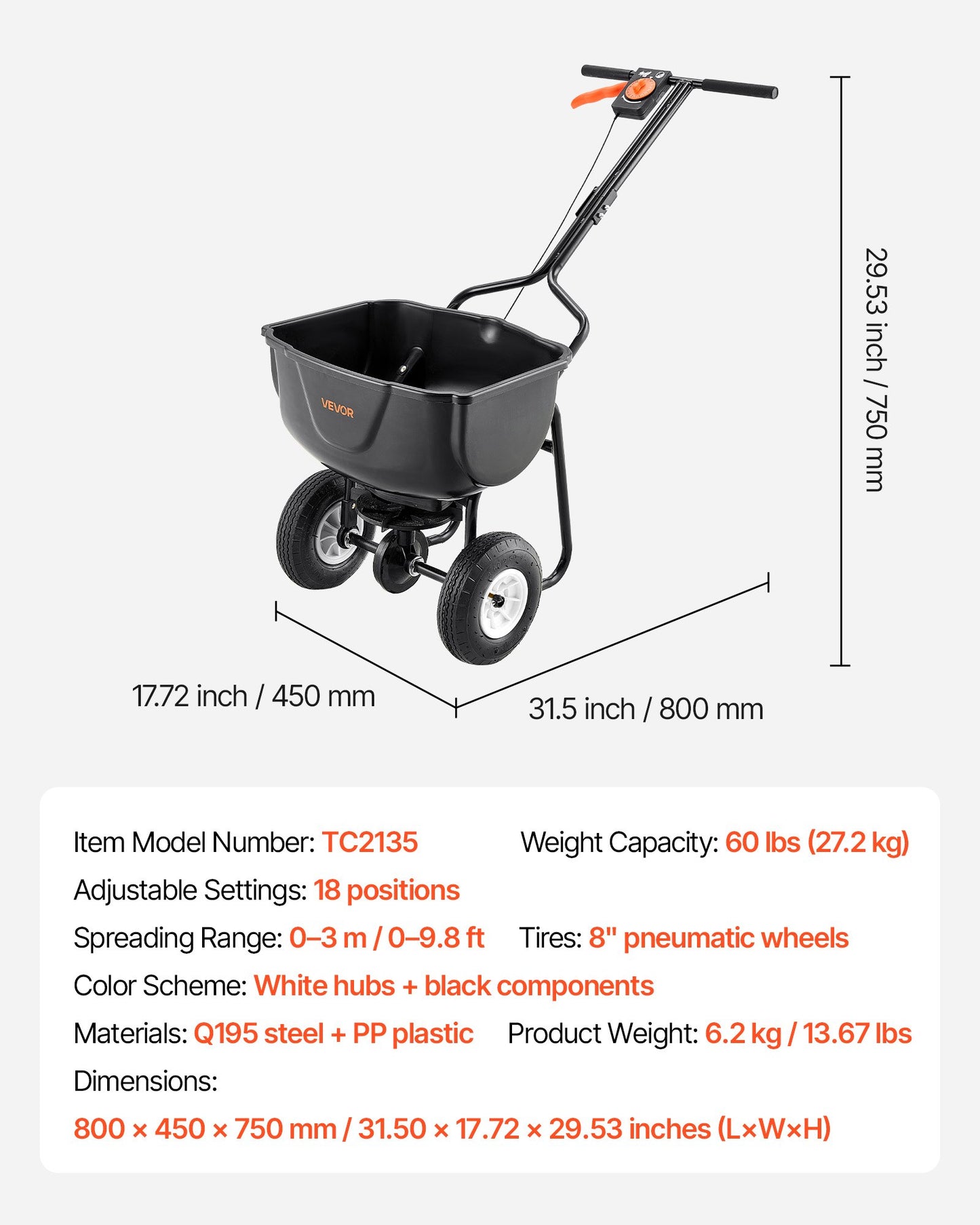 Heavy Duty Push Broadcast Spreader 60lb
